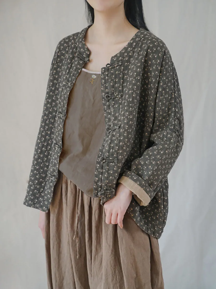 Women Ethnic Autumn Floral Button-up Cotton Coat