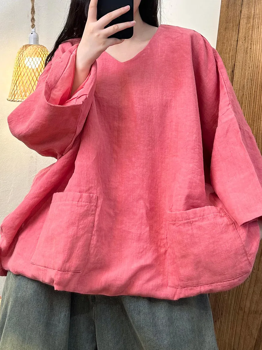 Women Retro Autumn Solid Pocket V-Neck Linen Padded Coat