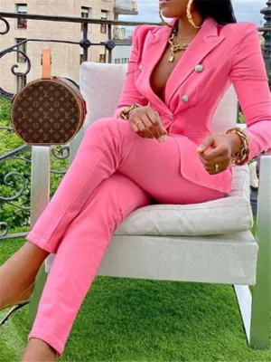 Women's Fashion Suit Button Up Blazer   Straight Leg Pants