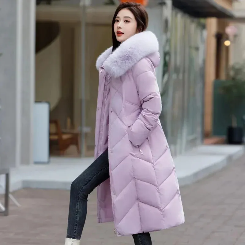 Women's Plus Size Elegant Long Puffer Coat with Faux Fur Hood – Winter Warm Quilted Jacket