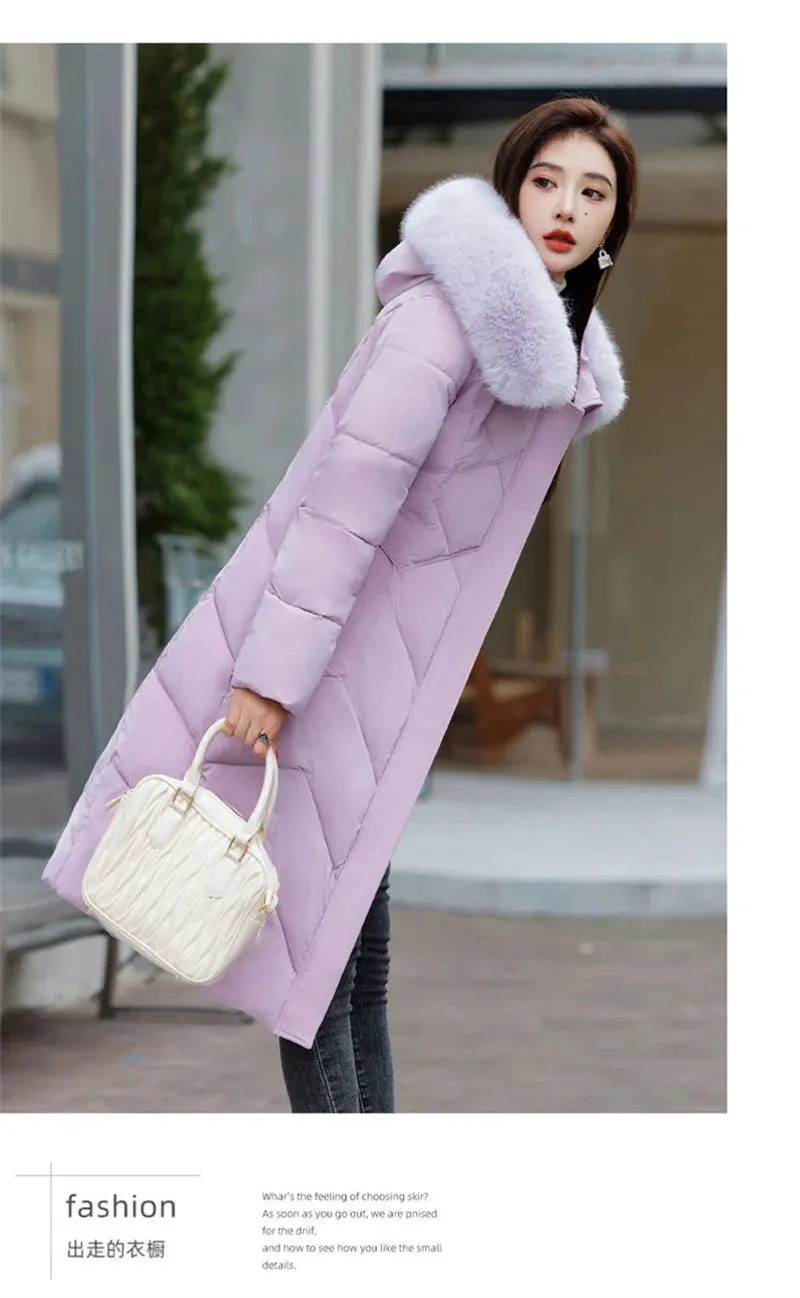 Women's Plus Size Elegant Long Puffer Coat with Faux Fur Hood – Winter Warm Quilted Jacket