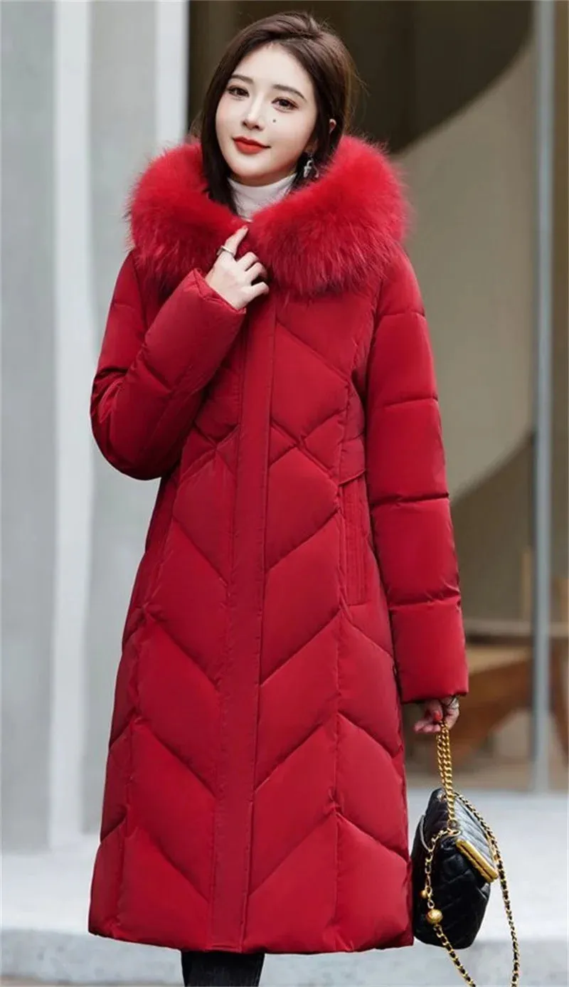 Women's Plus Size Elegant Long Puffer Coat with Faux Fur Hood – Winter Warm Quilted Jacket