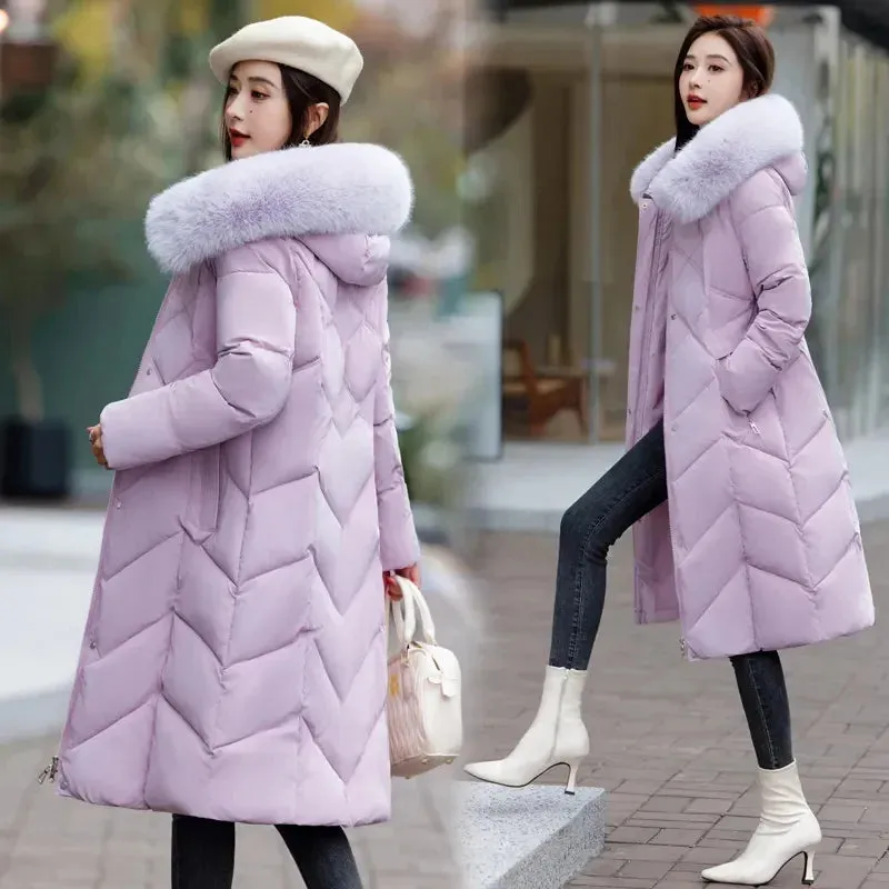 Women's Plus Size Elegant Long Puffer Coat with Faux Fur Hood – Winter Warm Quilted Jacket