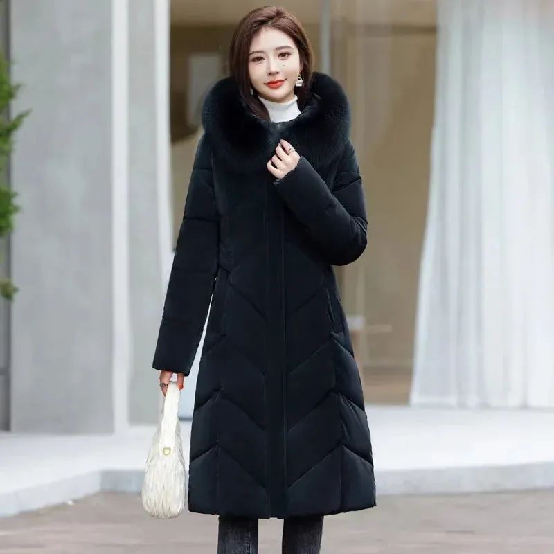 Women's Plus Size Elegant Long Puffer Coat with Faux Fur Hood – Winter Warm Quilted Jacket
