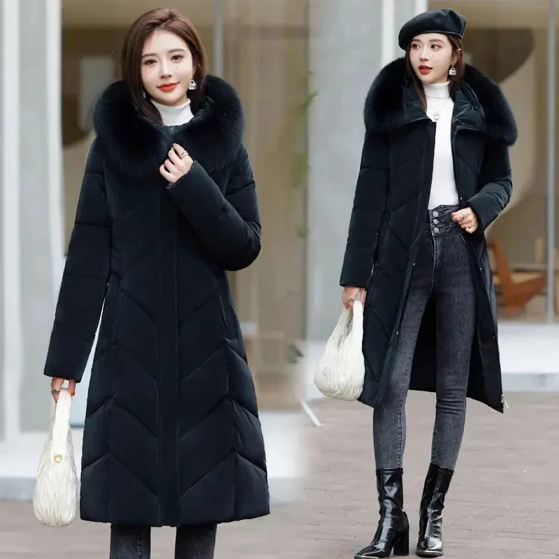 Women's Plus Size Elegant Long Puffer Coat with Faux Fur Hood – Winter Warm Quilted Jacket