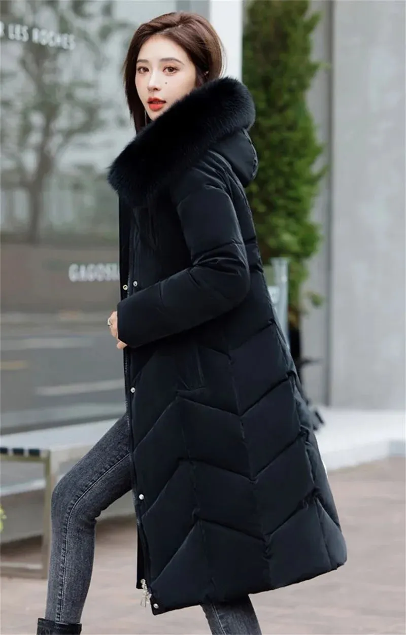 Women's Plus Size Elegant Long Puffer Coat with Faux Fur Hood – Winter Warm Quilted Jacket