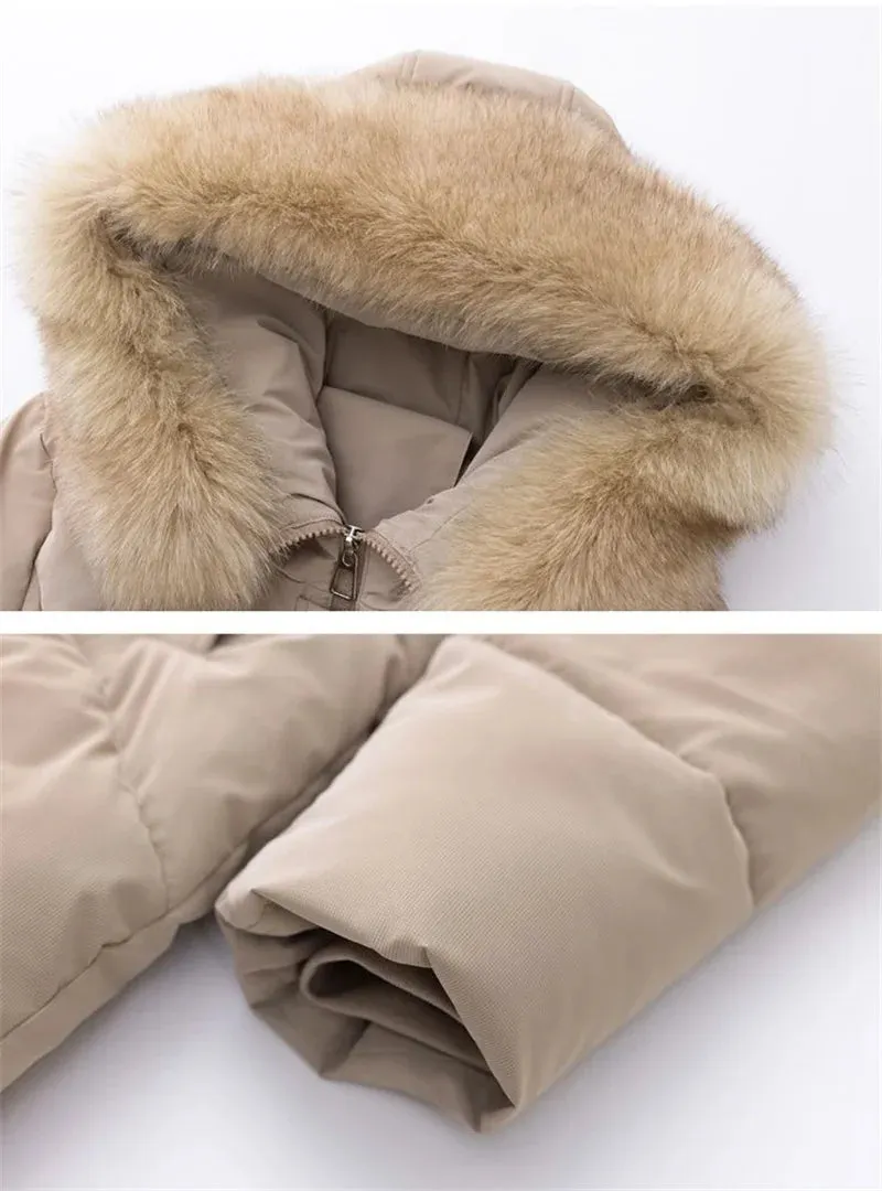 Women's Plus Size Elegant Long Puffer Coat with Faux Fur Hood – Winter Warm Quilted Jacket