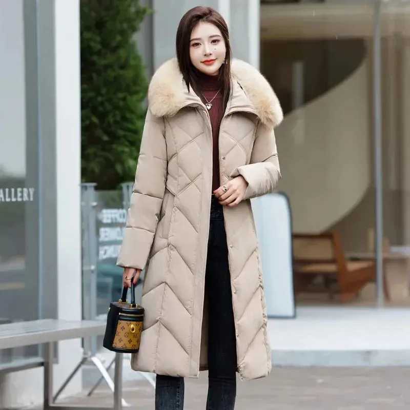 Women's Plus Size Elegant Long Puffer Coat with Faux Fur Hood – Winter Warm Quilted Jacket