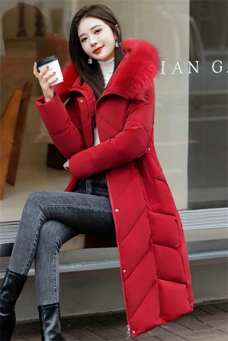 Women's Plus Size Elegant Long Puffer Coat with Faux Fur Hood – Winter Warm Quilted Jacket