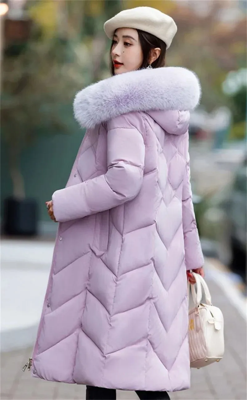 Women's Plus Size Elegant Long Puffer Coat with Faux Fur Hood – Winter Warm Quilted Jacket