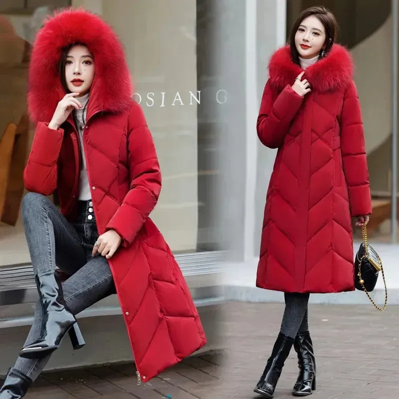 Women's Plus Size Elegant Long Puffer Coat with Faux Fur Hood – Winter Warm Quilted Jacket