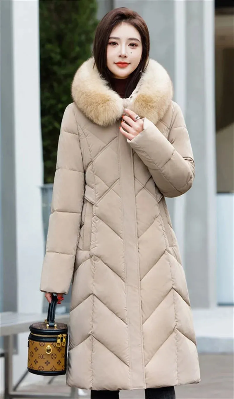 Women's Plus Size Elegant Long Puffer Coat with Faux Fur Hood – Winter Warm Quilted Jacket