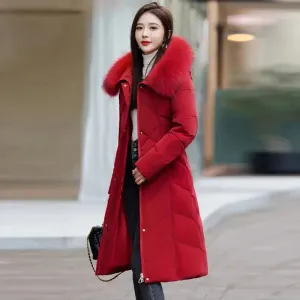Women's Plus Size Elegant Long Puffer Coat with Faux Fur Hood – Winter Warm Quilted Jacket