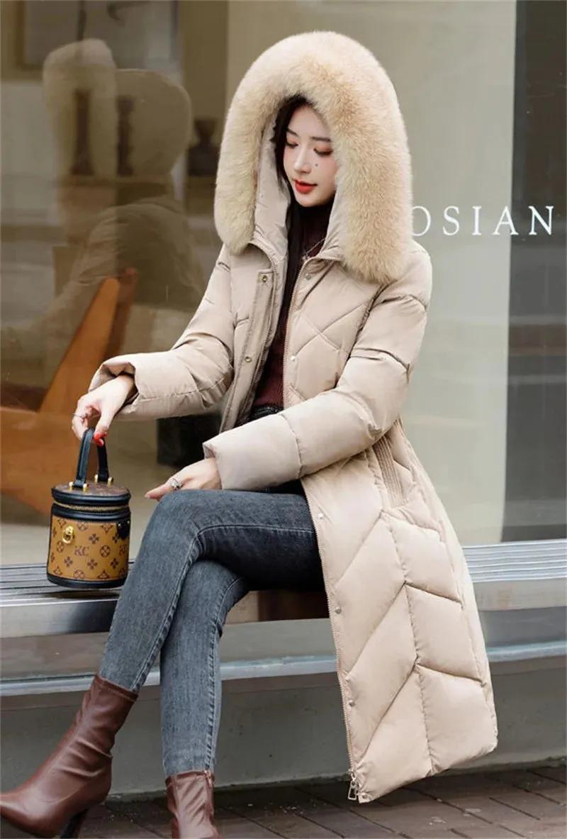 Women's Plus Size Elegant Long Puffer Coat with Faux Fur Hood – Winter Warm Quilted Jacket