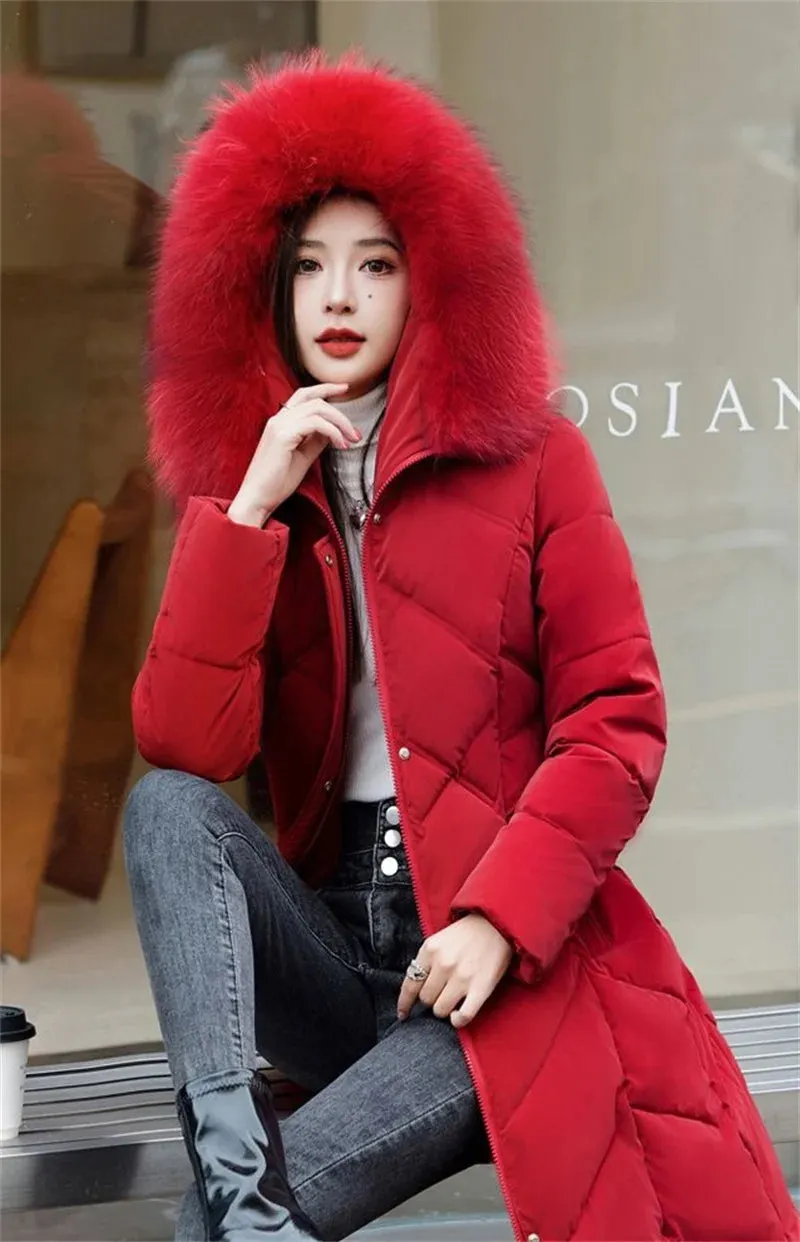 Women's Plus Size Elegant Long Puffer Coat with Faux Fur Hood – Winter Warm Quilted Jacket