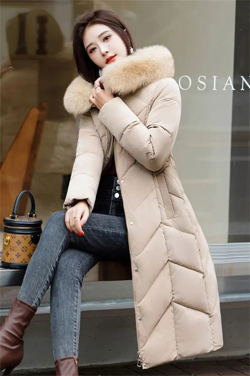 Women's Plus Size Elegant Long Puffer Coat with Faux Fur Hood – Winter Warm Quilted Jacket