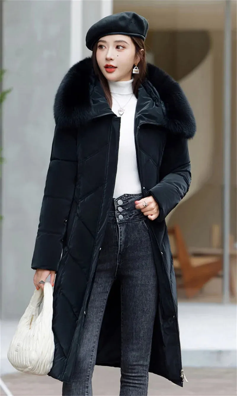 Women's Plus Size Elegant Long Puffer Coat with Faux Fur Hood – Winter Warm Quilted Jacket