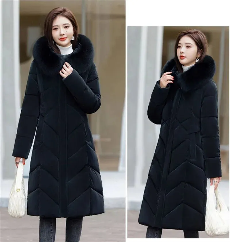 Women's Plus Size Elegant Long Puffer Coat with Faux Fur Hood – Winter Warm Quilted Jacket