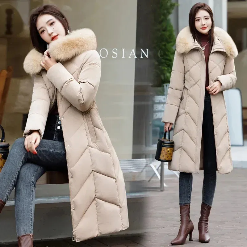 Women's Plus Size Elegant Long Puffer Coat with Faux Fur Hood – Winter Warm Quilted Jacket