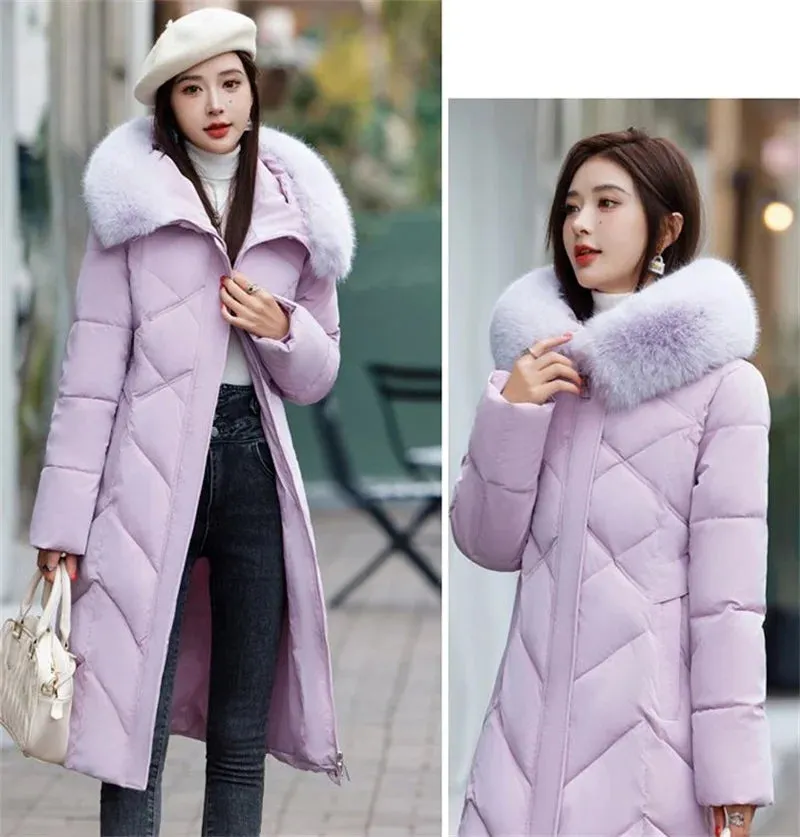 Women's Plus Size Elegant Long Puffer Coat with Faux Fur Hood – Winter Warm Quilted Jacket