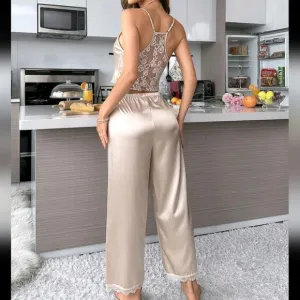 Women's Spaghetti Strap Lace Patchwork Sleeveless Top And Long Pants 2-Piece Set