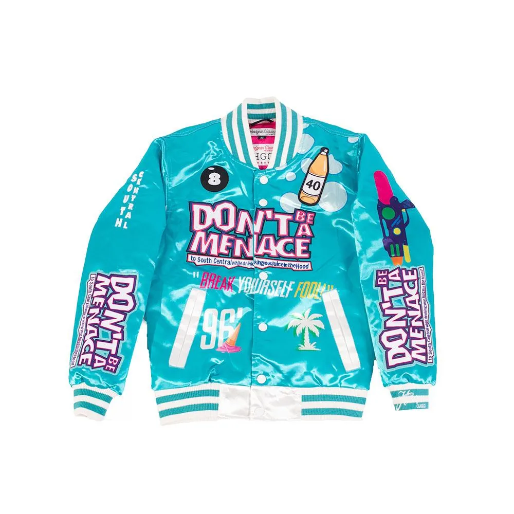 YOUTH DON'T BE A MENACE ALL OVER SATIN JACKET LIGHT BLUE