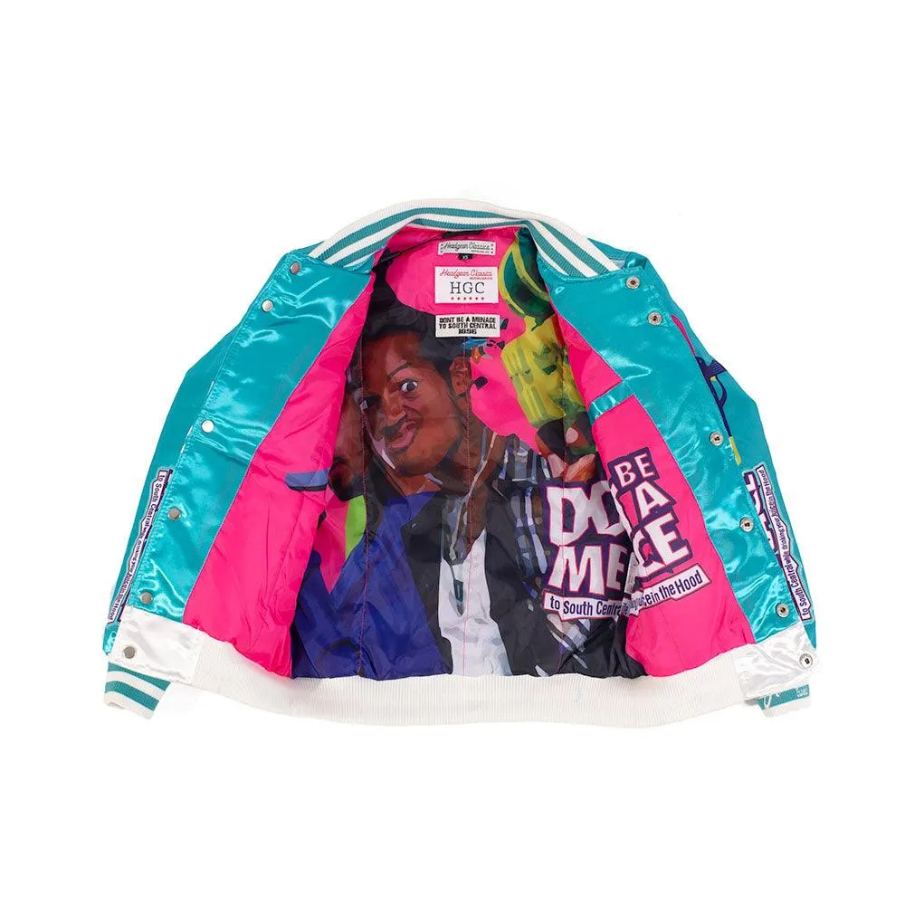 YOUTH DON'T BE A MENACE ALL OVER SATIN JACKET LIGHT BLUE