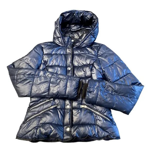 Zara Navy Blue Down Puffer Hooded Jacket size Small0